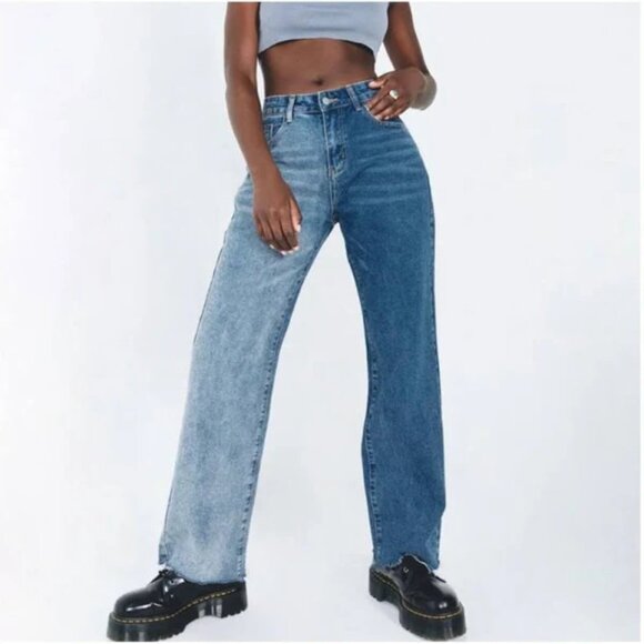 Princess Polly Two-Toned Mid Rise Wide Leg Jeans 4 - Picture 1 of 5